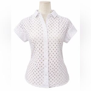 Coldwater Creek White Eyelet Blouse XS Petite P Button Front Cutout Lace Top